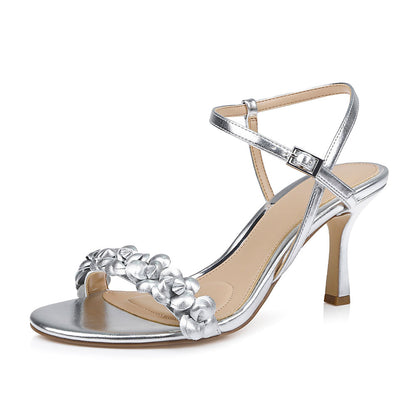 Ankle Strap Open Toe Flower Decor Women's Heel Sandals in Silver
