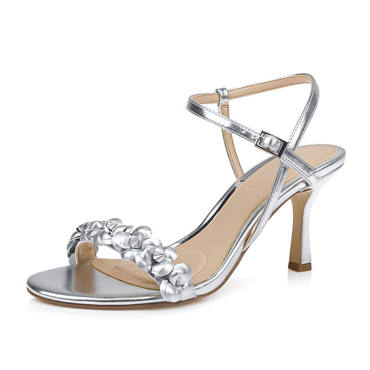 Ankle Strap Open Toe Flower Decor Women's Heel Sandals in Silver