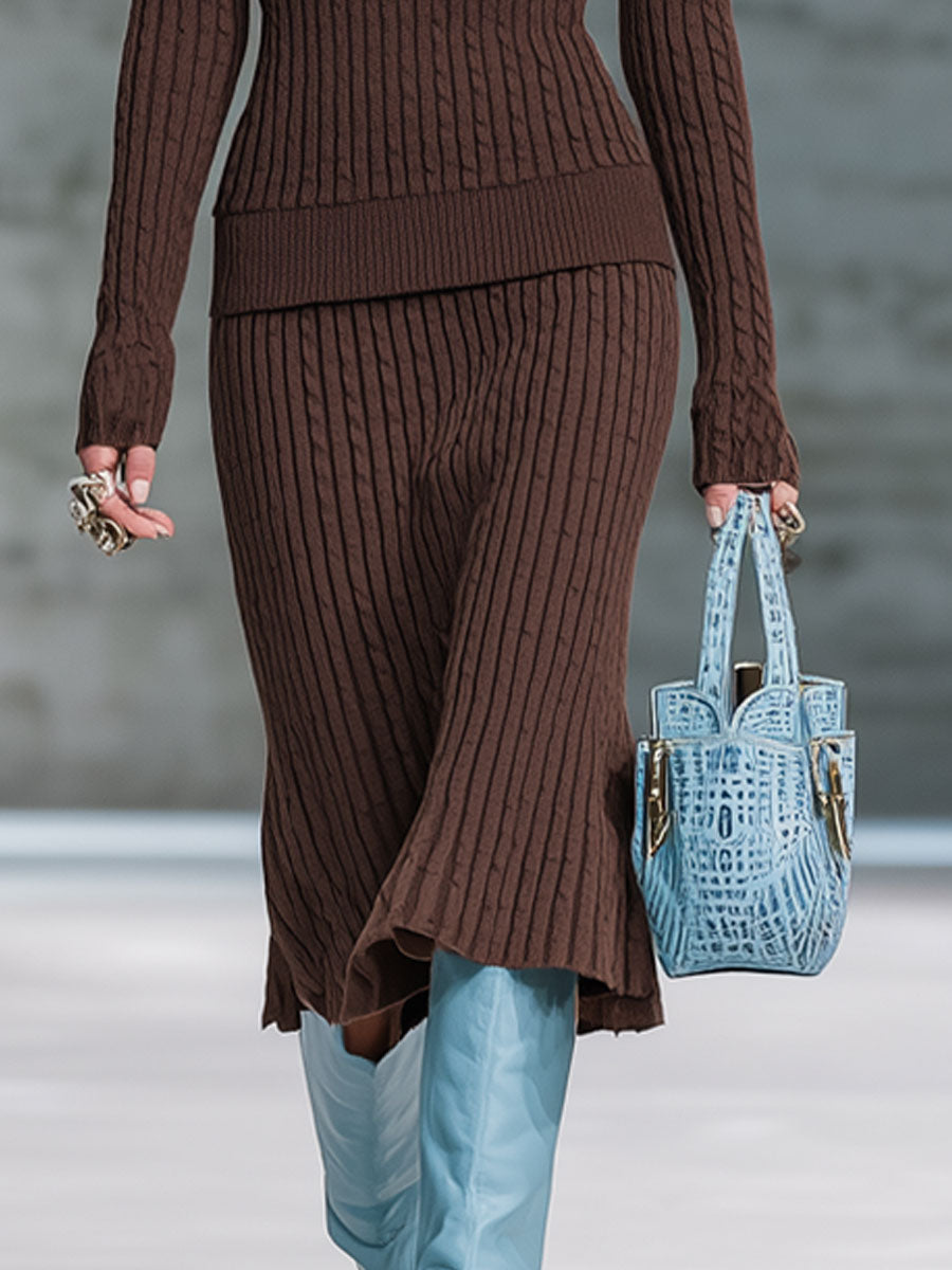 Fashion Retro Blue Lapel Cocoa Brown Knitted Cable Sweater Skirt Set