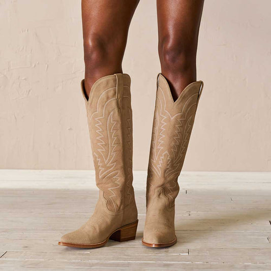 Beige Embroidered Almond Toe Chunky Heel Knee-High Cowgirl Boots
