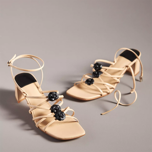 Beige Square Toe Chunky Heel Criss-Cross Ankle Strap Sandals