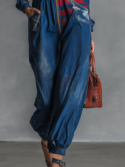 Fashionable Personalized Printed Hooded Front Zipper Blue Denim Long-sleeved Loose Jumpsuit