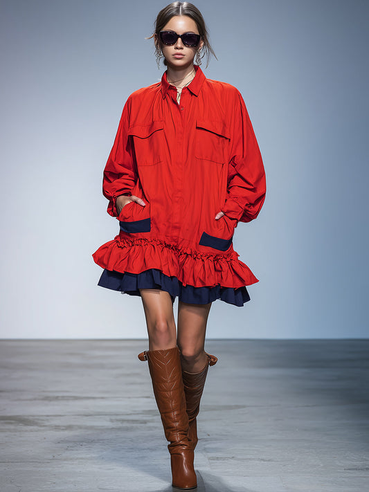 Fashionable Multi-pocket Red Ruffled Shirt Mini Dress
