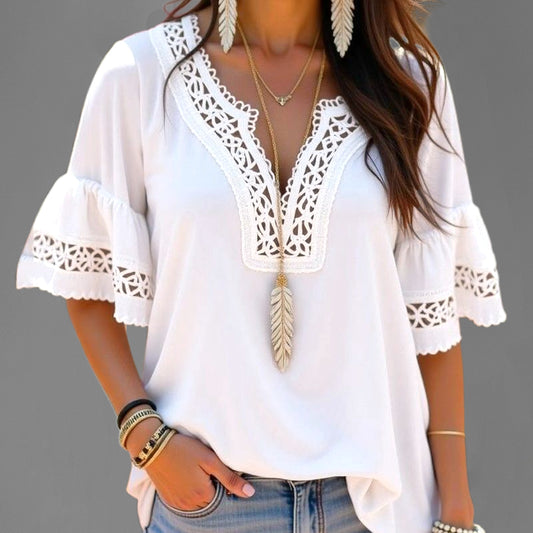 Everyday Lace Trim V Neck Flare Sleeve Blouse