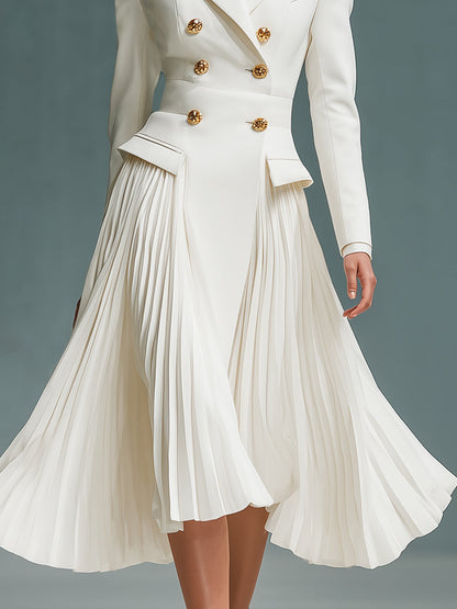 Elegant And Fashionable White Double-breasted Long-sleeved Midi Dress