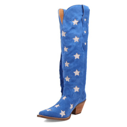 Beige Star Pattern Snip Toe Chunky Heel Knee-High Blue Cowgirl Boots