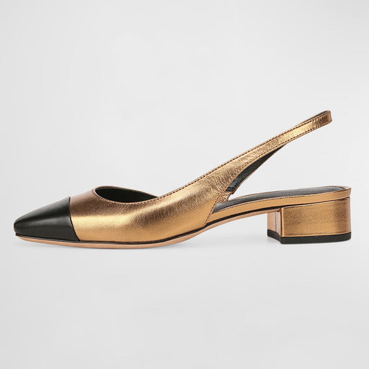 Gold & Black Patchwork Slip-On Slingback Heels with Square Toe