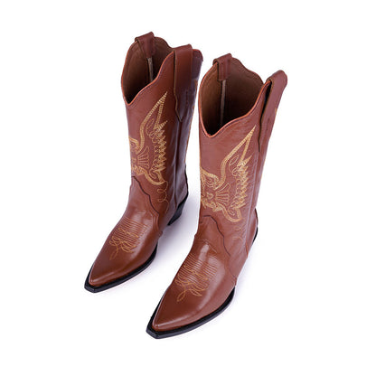 Embroidered Bird Mid-Calf Snip Toe Brown Cowgirl Boots for Women
