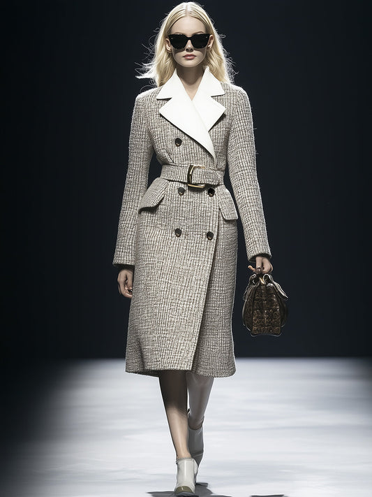 Elegant And Fashionable Gray Plaid Wool Lapel Double-breasted Coat