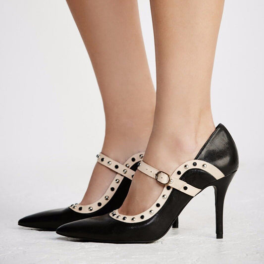 Beige & Black Closed Toe 4'' Stiletto Heel Strappy Pumps