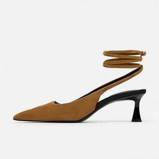 Beige Faux Suede Pointed Toe Kitten Heel Lace Up Pumps