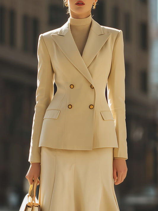 Elegant Beige Double - Breasted Blazer And Midi Skirt Set