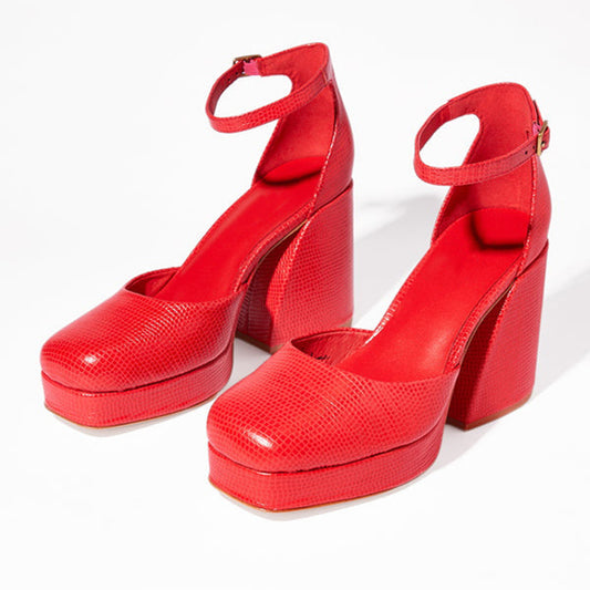 FSJ Red Square Toe Block Heel Platform Pumps for Women