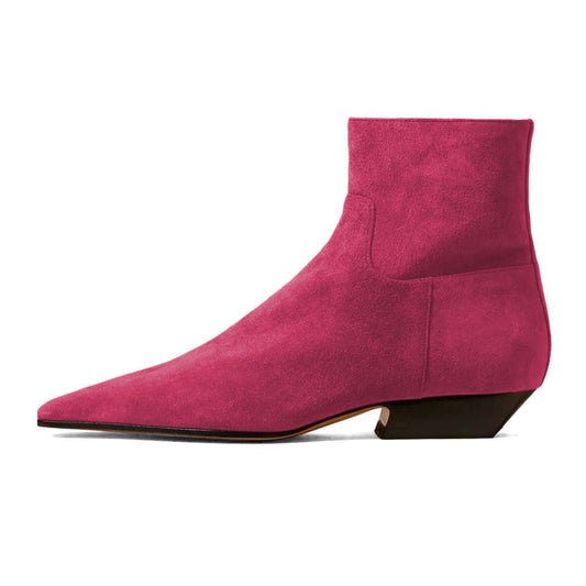 Fuchsia Square Toe Zipper Ankle Boots for Women with Chunky Heel