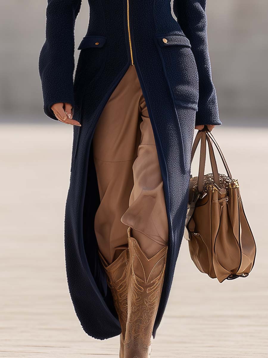 Exquisite Retro Western Style Large Lapel Front Zipper Dark Blue Woolen Long Coat