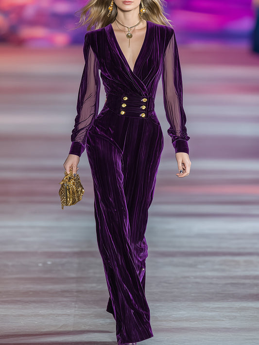 Exquisite And Fashionable V-neck Gold Double-breasted Purple Organza Spliced velvet Jumpsuit