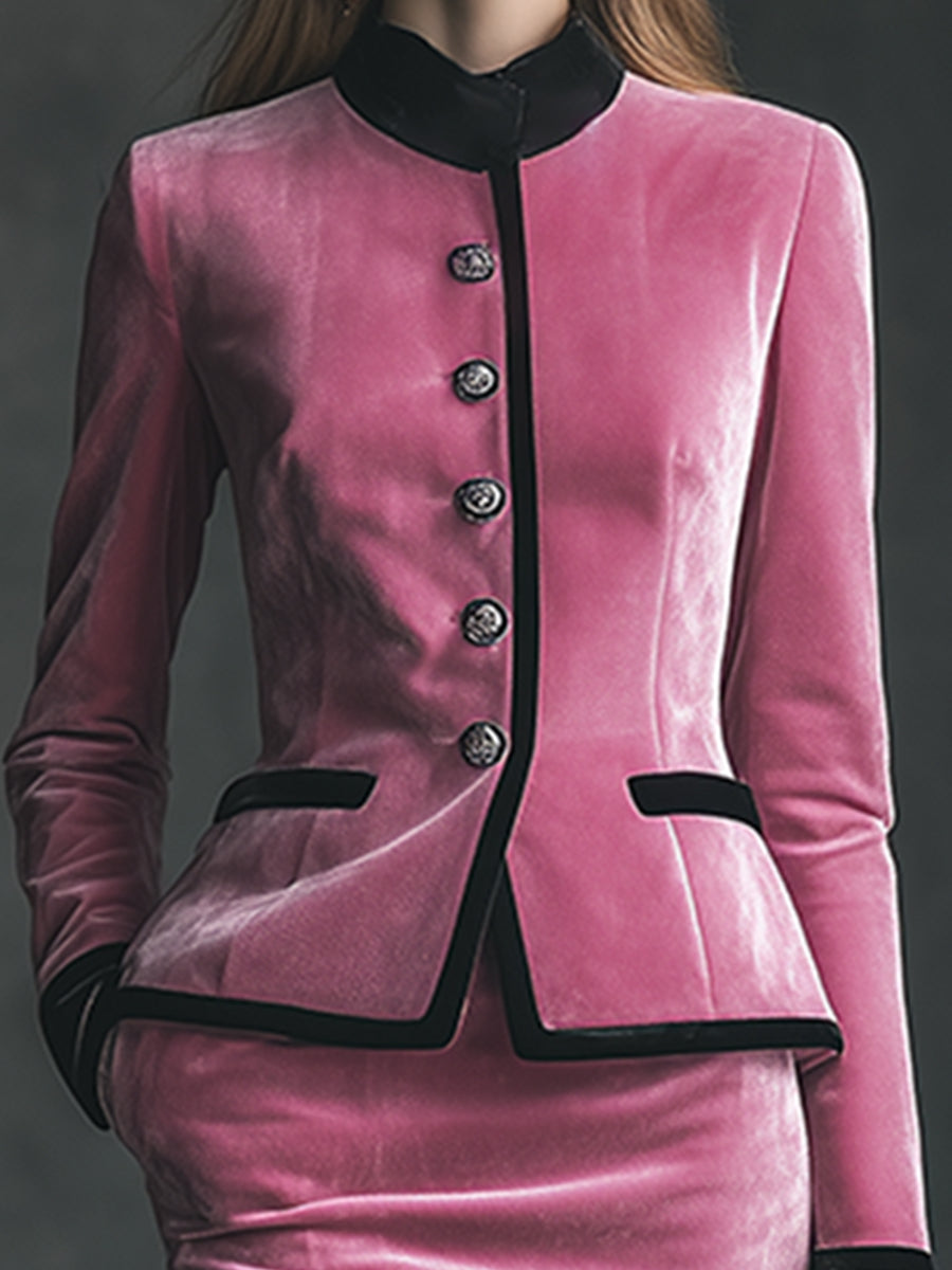 Elegant And Gentle Pink Hemmed Stand-up Collar Jacket And Fishtail Skirt Set