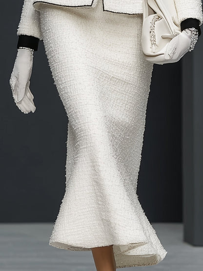 White Tweed Patchwork Black Ribbon Jacket And Fishtail Skirt Suit