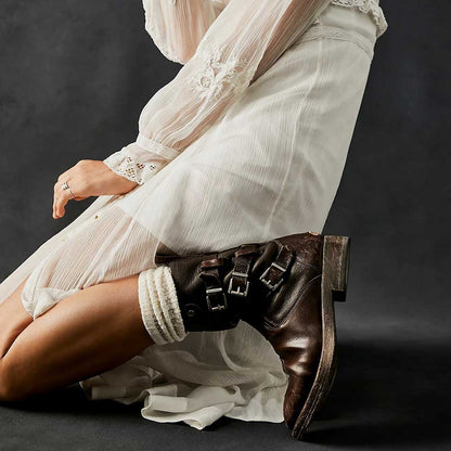 Distressed Round-Toe Buckle Biker Inspired Mid-Calf Boots in Brown