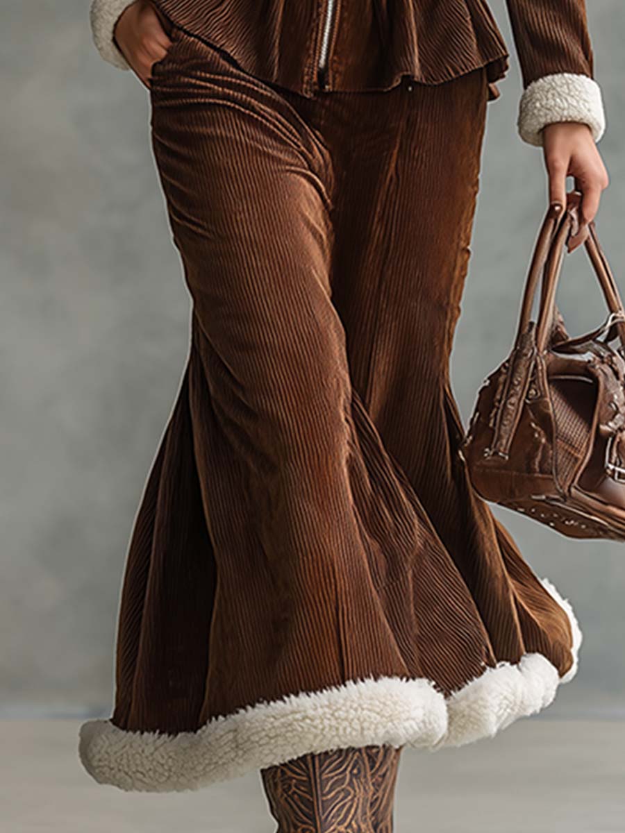Elegant Lapel Front Zipper Brown Corduroy Cuffs And Hem Long Sleeve Maxi Dress