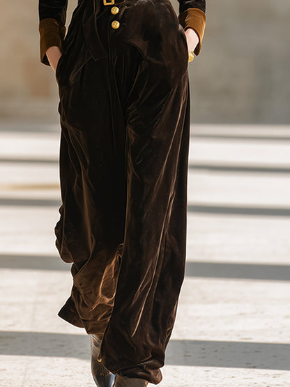 Elegant Retro Chocolate Brown Hooded Velvet Belted Long Sleeve Jumpsuit