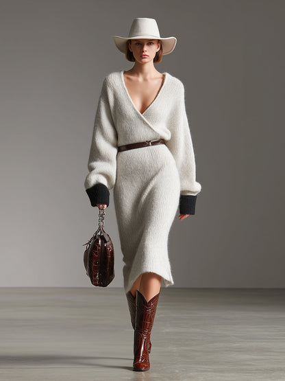 White Mohair Stitching Black V-neck Midi Dress