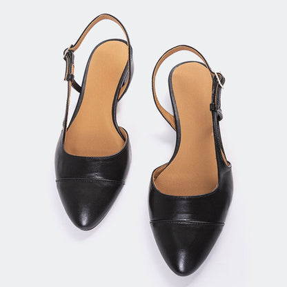 Almond Toe Low Block Heel Buckle Strap Slingback Shoes in Black