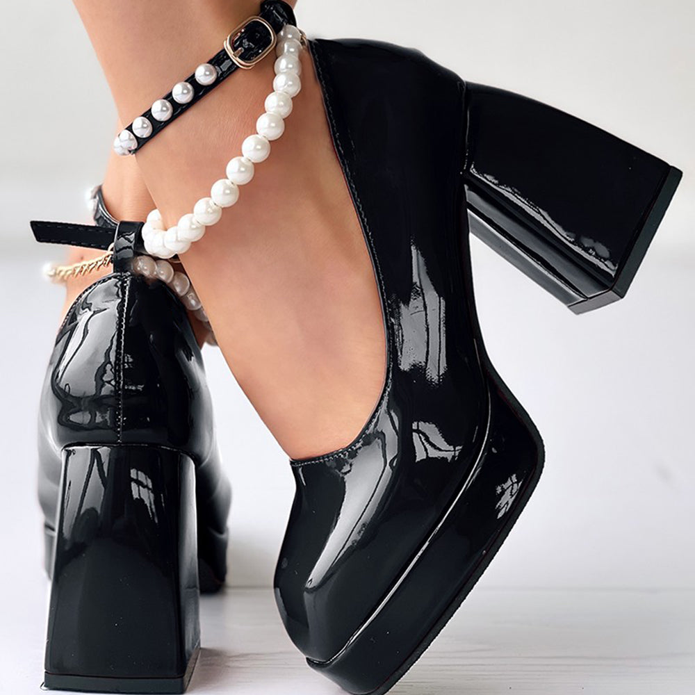 Full Color Patent Leather Platform Mary Janes Pearl Ankle Strap Chunky Heels