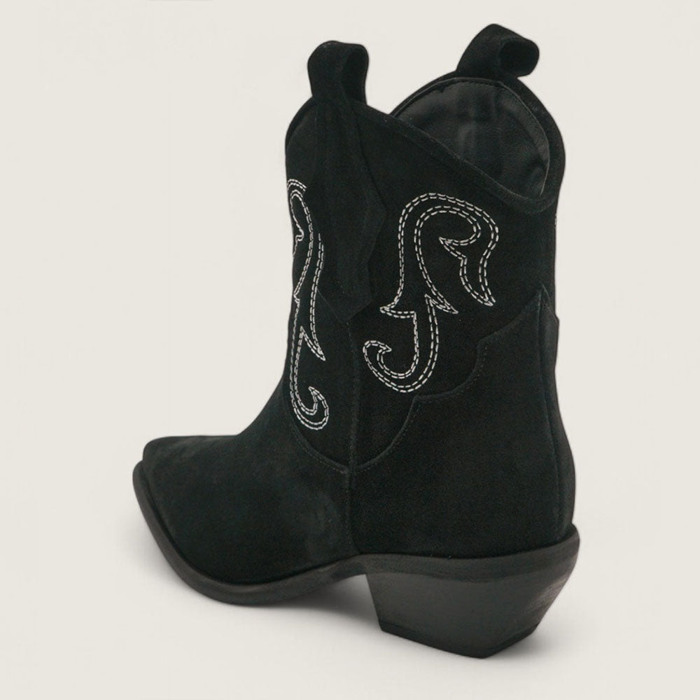 Faux Suede Chunky Heel Embroidered Black Cowgirl Boots for Women
