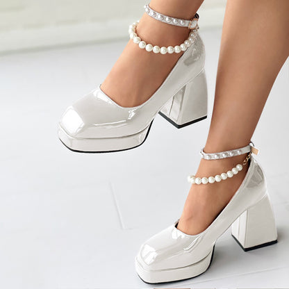 Full Color Patent Leather Platform Mary Janes Pearl Ankle Strap Chunky Heels
