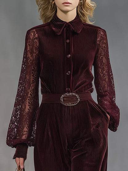 Fashion Retro Wine Red Corduroy Lace Long Sleeve Wide Leg Jumpsuit