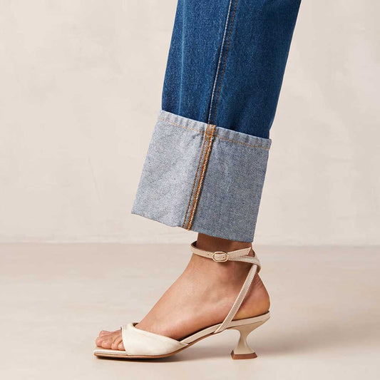 Beige Satin Square Toe Flared Heel Ankle Strap Sandals