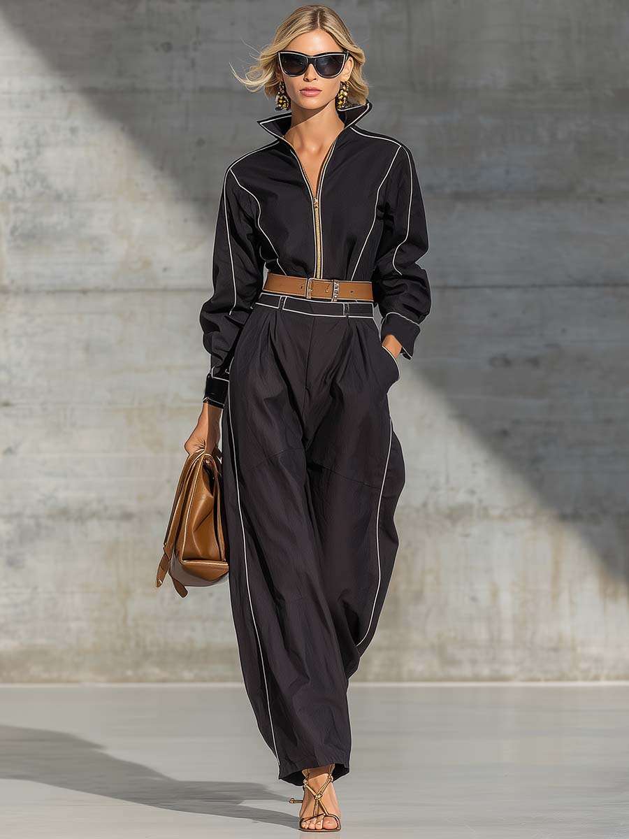 Exquisite Casual Lapel Front Zipper White Piping Black Jumpsuit