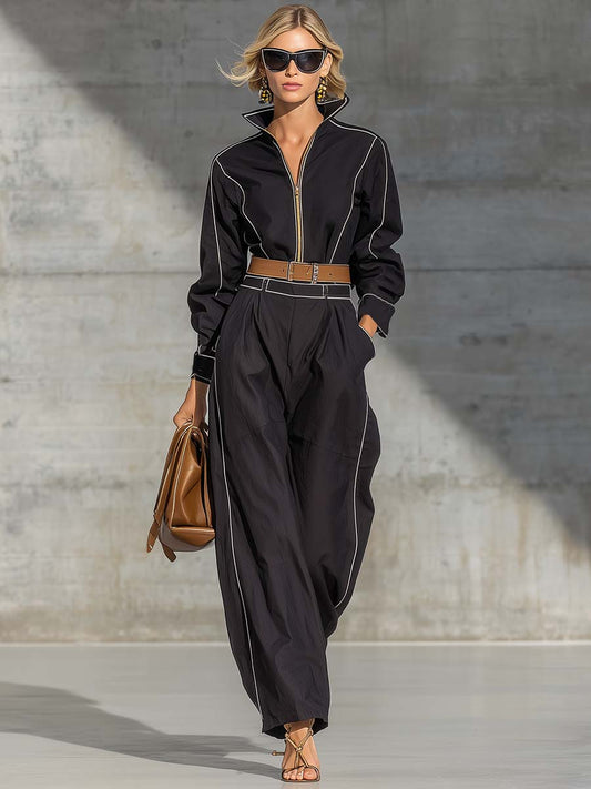 Exquisite Casual Lapel Front Zipper White Piping Black Jumpsuit