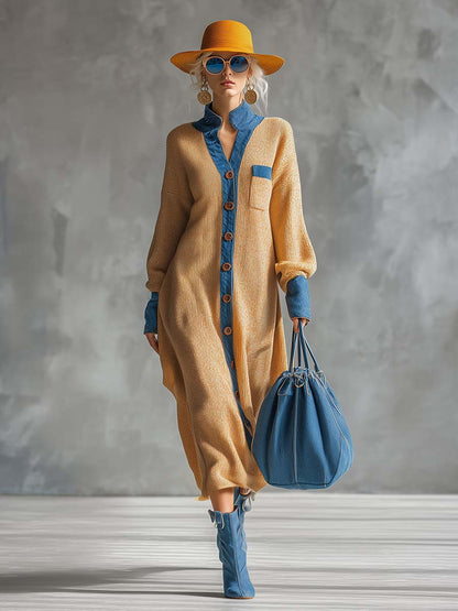 Fashionable Loose Denim Trim Ginger Cardigan-style Knitted Maxi Dress