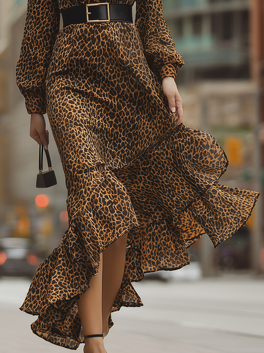Fierce Elegance Leopard Print Ruffle Maxi Dress
