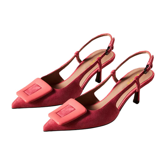 Deep Pink Buckle Pointed Toe Slingback Shoes with Stiletto Heel
