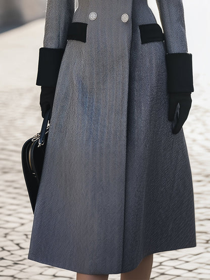 Elegant Double-Breasted Contrast Collar Long Coat