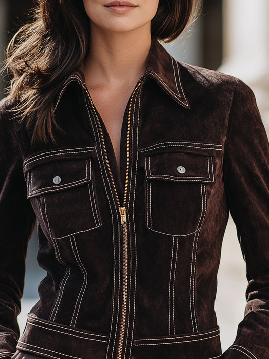 Faux Suede Jacket With Contrast Stitching
