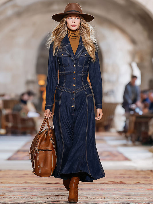 Elegant Retro Brown Topstitched Navy Blue Denim Long-Sleeved Maxi Dress