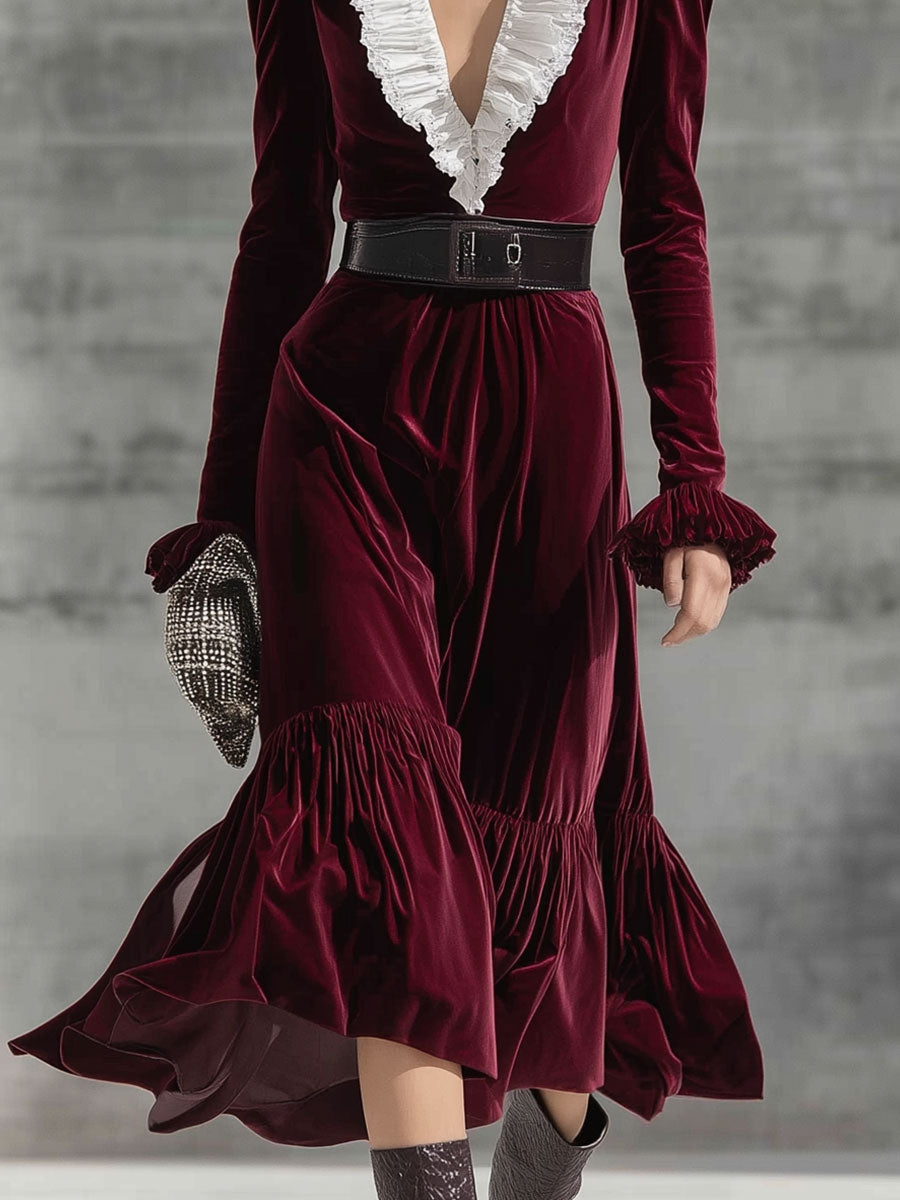 Fashion Retro Burgundy Velvet Midi Dress