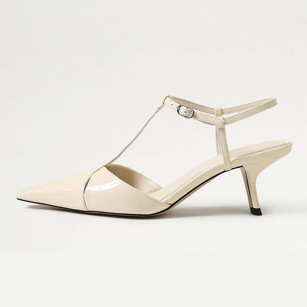 Elegant Ivory Pointed Toe T-Strap Chunky Heel Pumps for Women