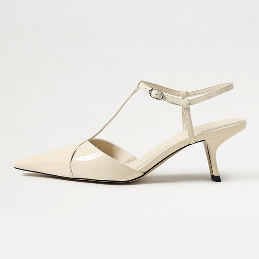 Elegant Ivory Pointed Toe T-Strap Chunky Heel Pumps for Women