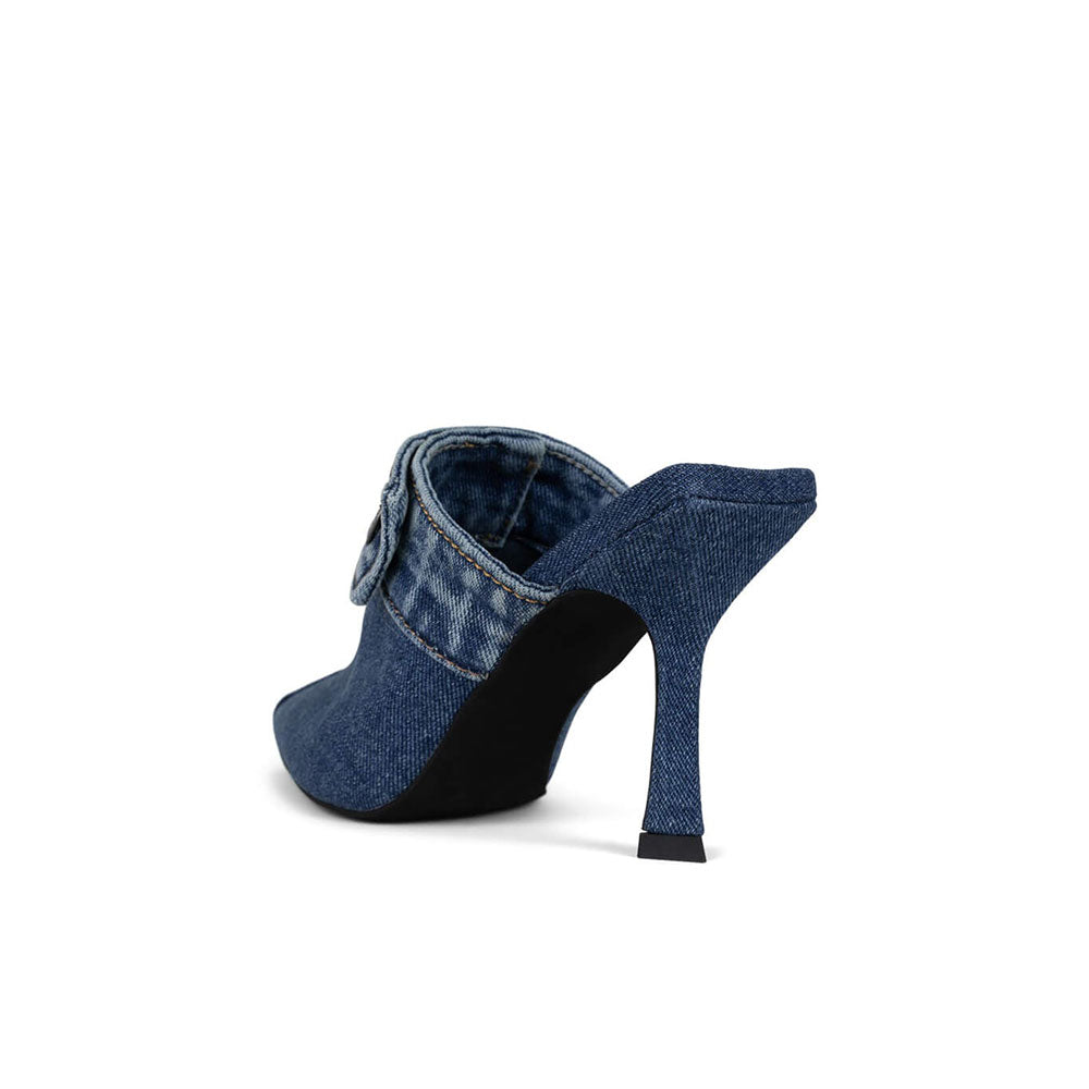 Elegant Blue Denim Pointed Toe Spool Heel Mules for Women