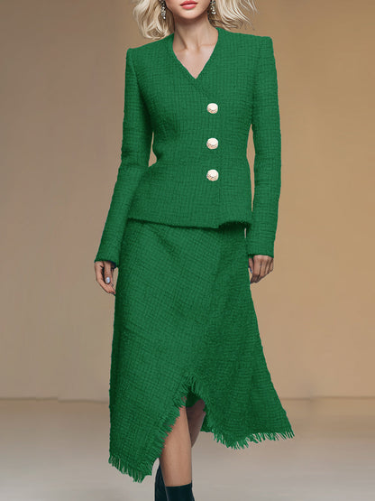 Fashionable And Exquisite Oblique Collar Raw Edge Jacket Irregular Hem Skirt Tweed Set