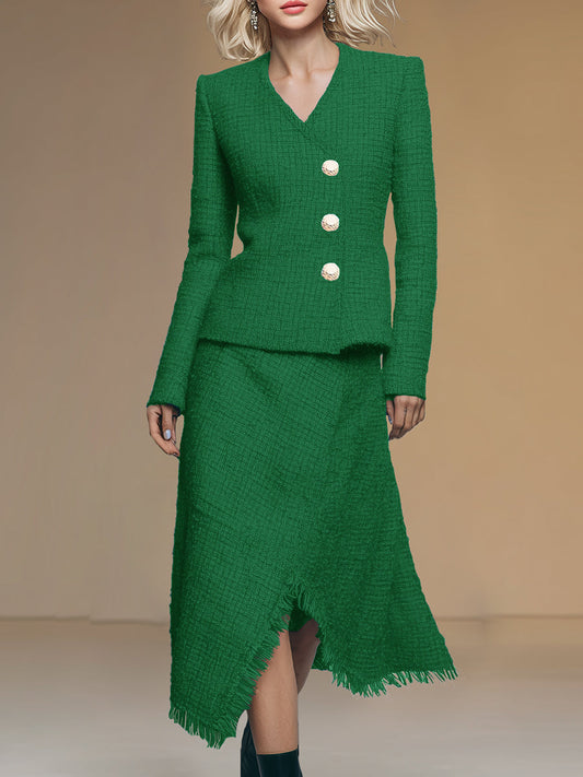 Fashionable And Exquisite Oblique Collar Raw Edge Jacket Irregular Hem Skirt Tweed Set