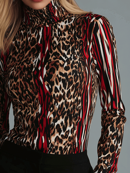 Fashionable Leopard Print Turtleneck With Red Striped Top