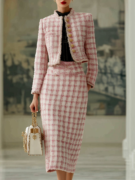 Exquisite And Gentle Pink Plaid Tweed Jacket And Skirt Set