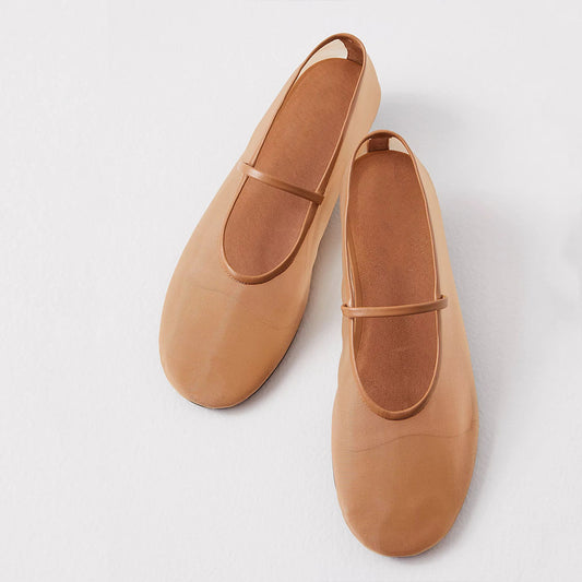 Beige Mesh Round Toe Flat Strappy Ballet Shoes