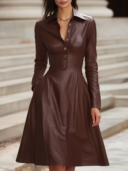 Faux Leather A-Line Shirt Dress With Buttons